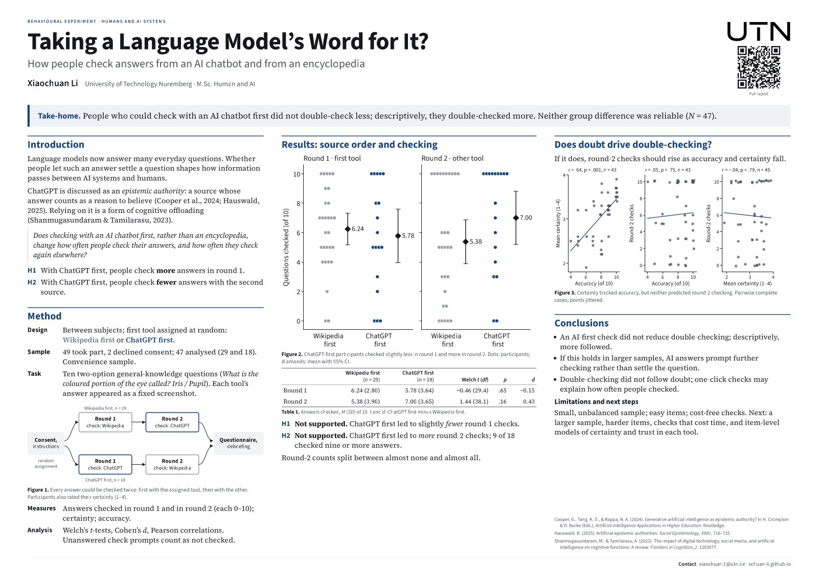 Poster: Taking a Language Model’s Word for It? How people check answers from an AI chatbot and from an encyclopedia.