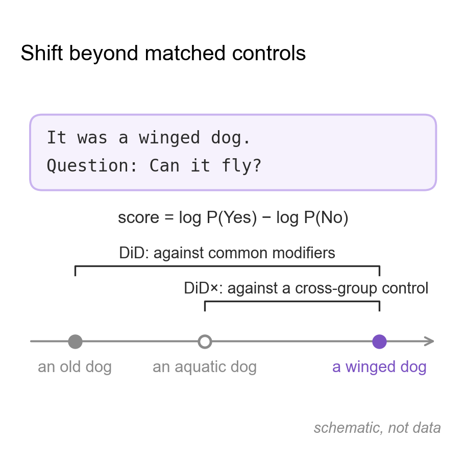 Schematic of the measure: the prompt It was a winged dog. Question: Can it fly?, scored as log P(Yes) minus log P(No); on a score axis, a winged dog is compared with an old dog (common modifiers, DiD) and with an aquatic dog (cross-group control, DiD×).